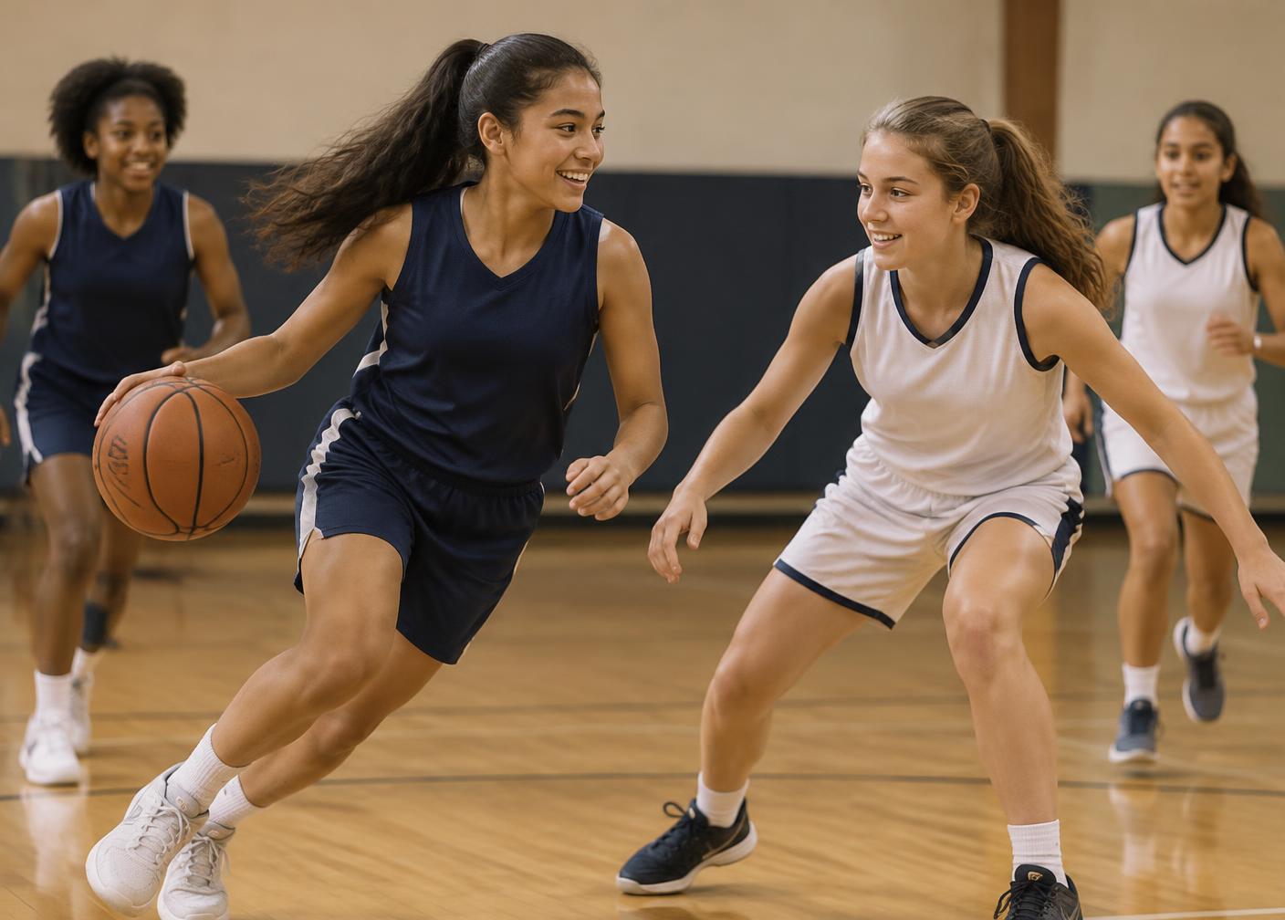 Girls playing basketball, one dribbling past a defender