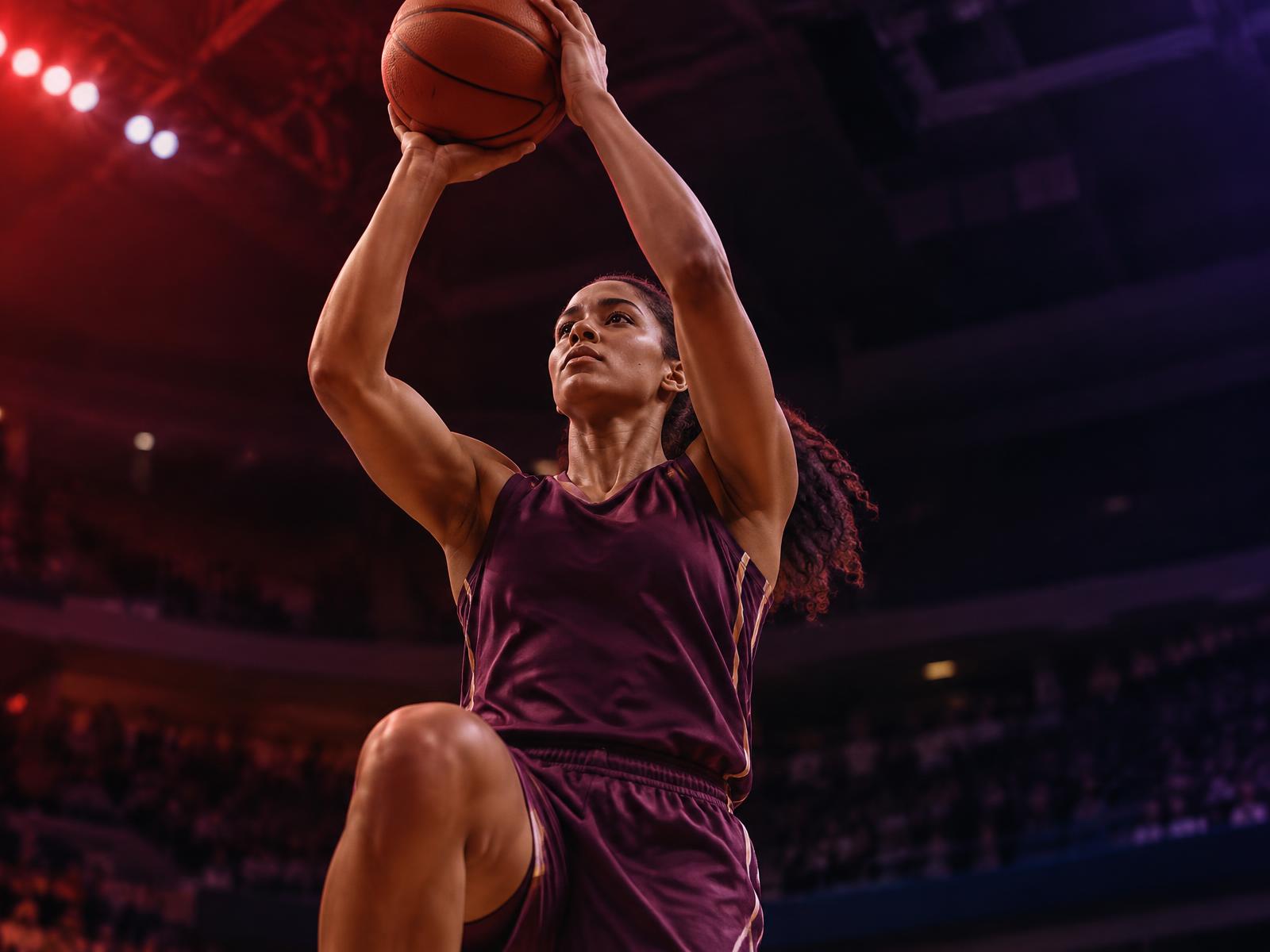 A woman basketball player rising for a jump shot